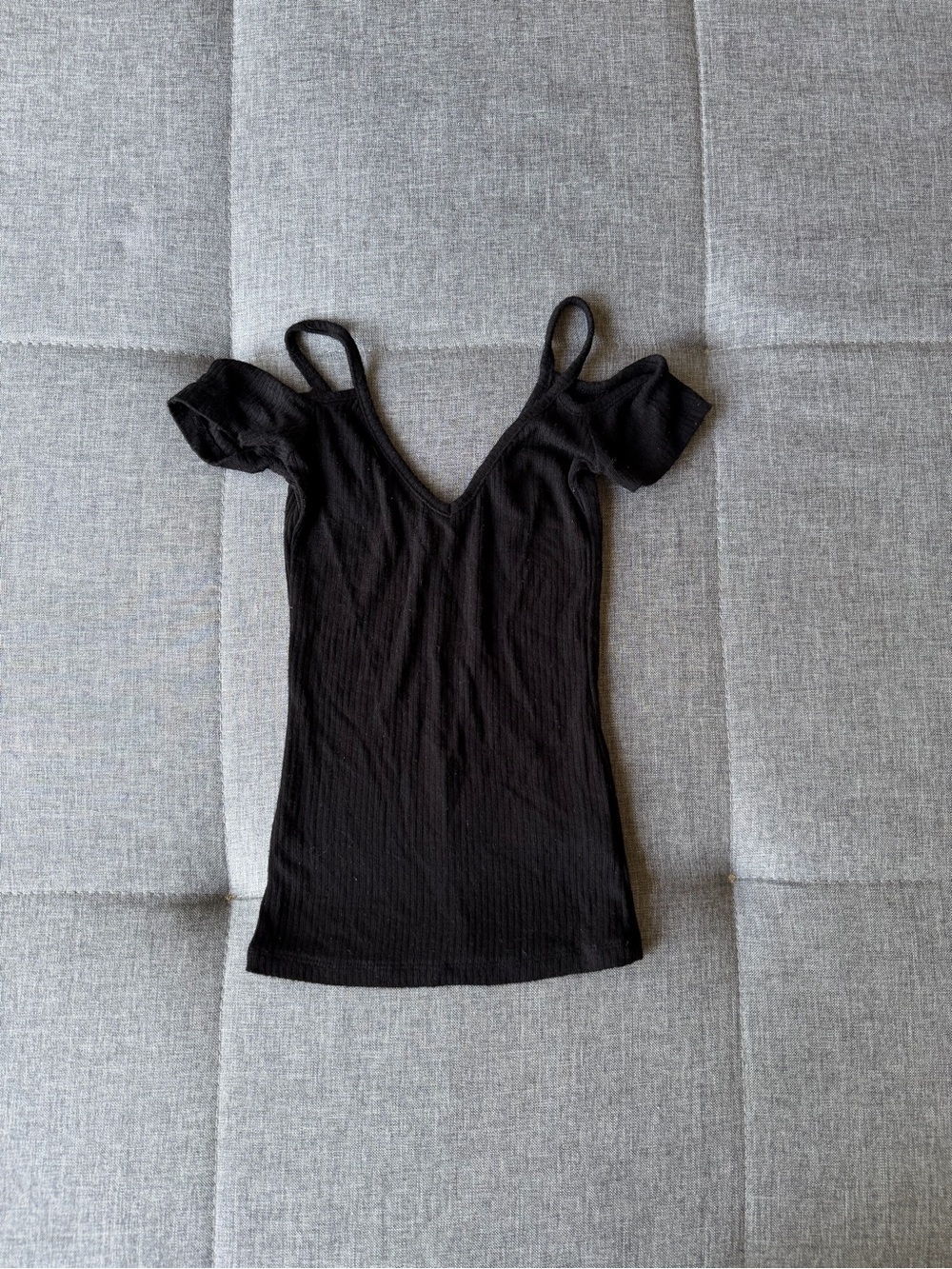 Black Ribbed Cold-Shoulder V-Neck Crop Top